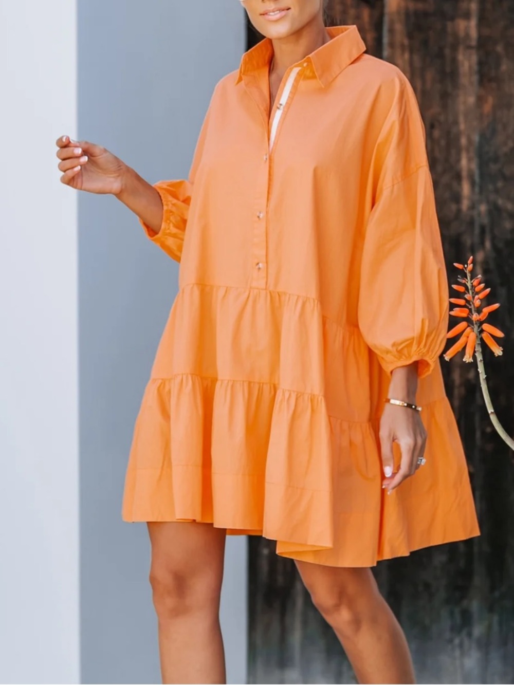Oversized Orange Tiered Mini Dress with Button Placket